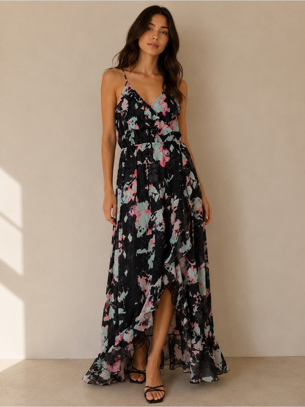 Jennifer Lopez Dress Sz M Black Floral Maxi  with Pink and Mint Accents